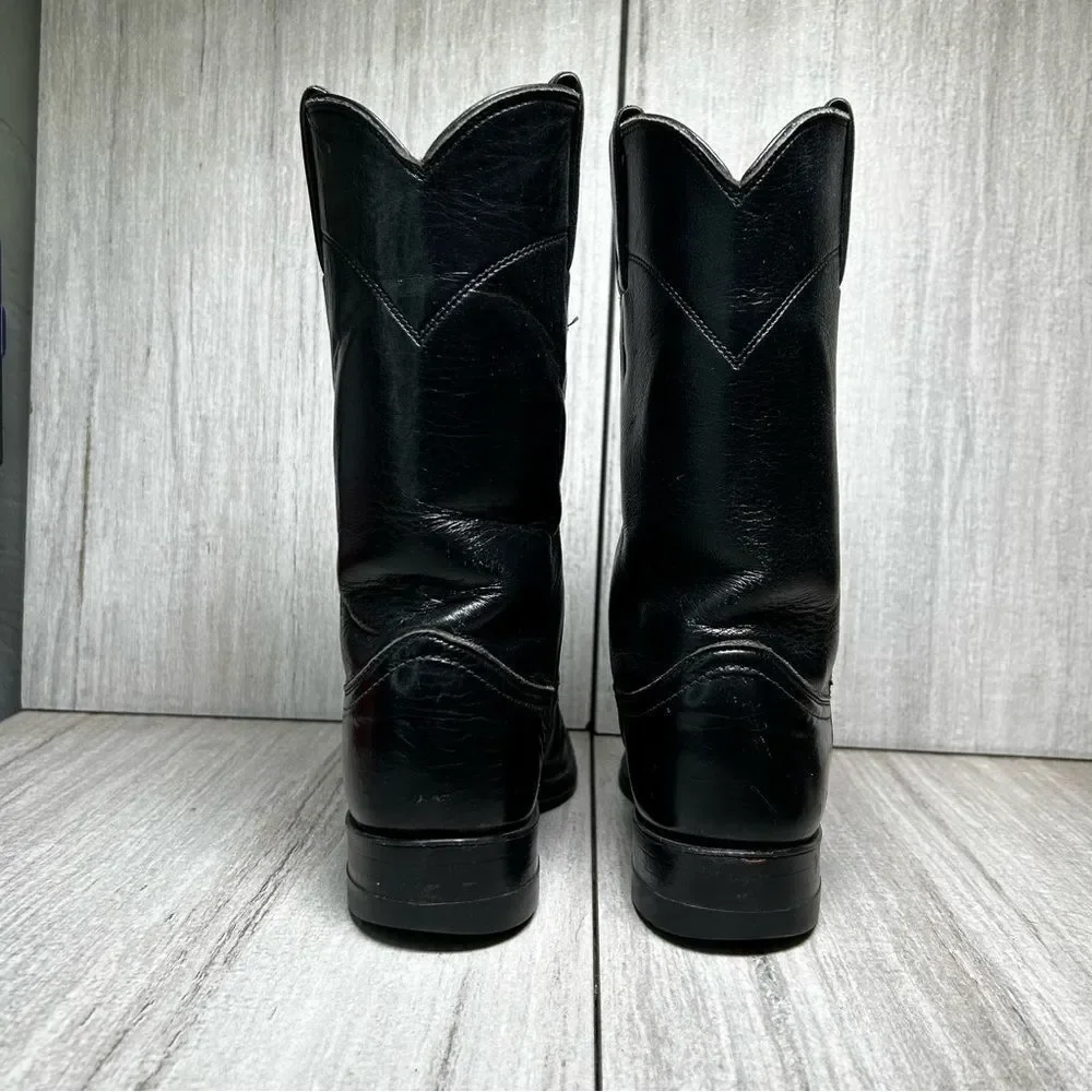 Justin Black Leather Round Toe Cowboy Boots Western Rodeo Youth Girls Size 4